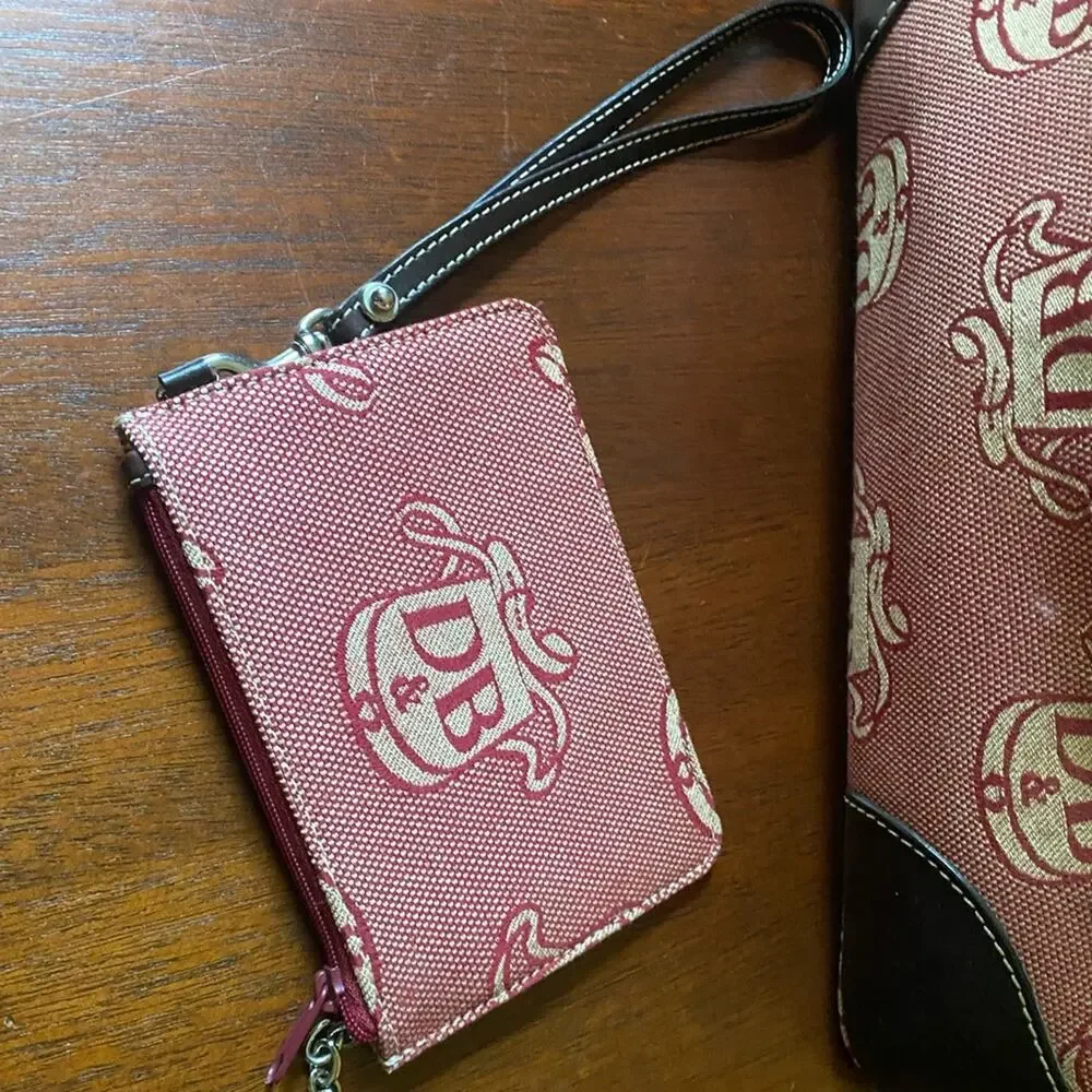 Vintage Dooney & Bourke Logo Canvas Red Domed Satchel Purse and Wristlet Set